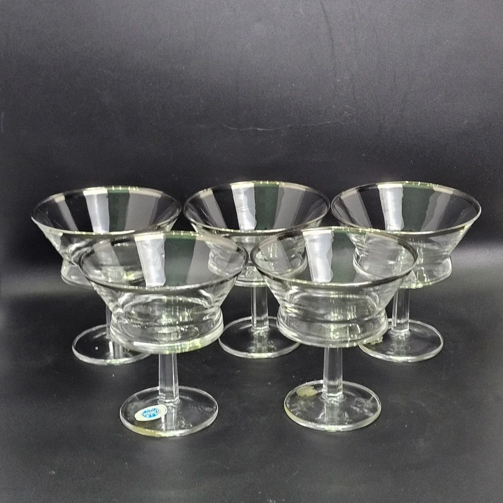Contessa Italy MCM Platinum Trim Champagne Coupe Sherbet Glass Set of 5 Hex Stem